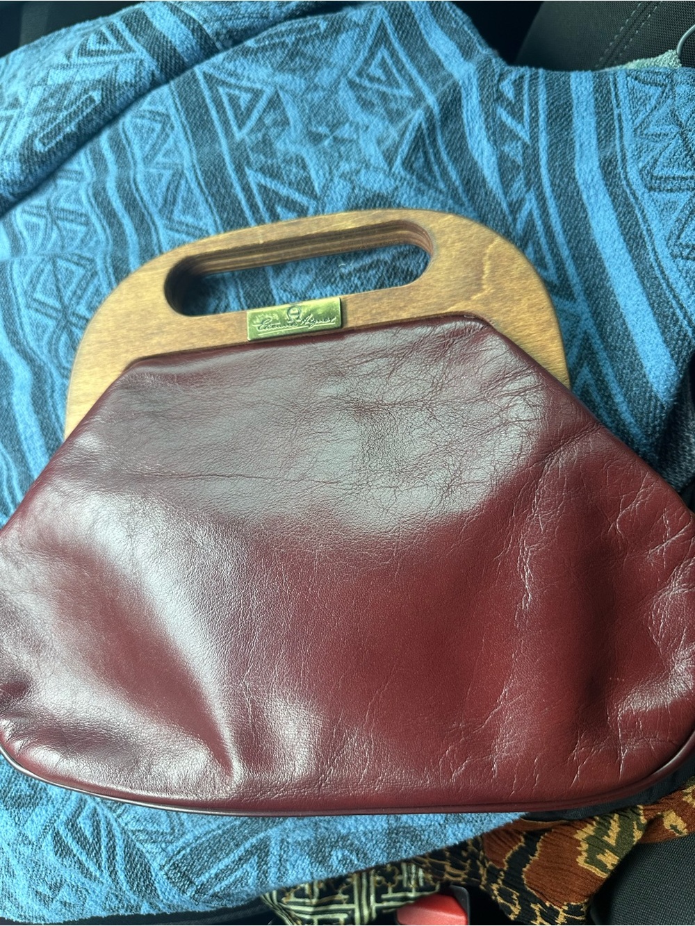 Vintage Leather Tote Bag with Wooden Handle - Oxblood